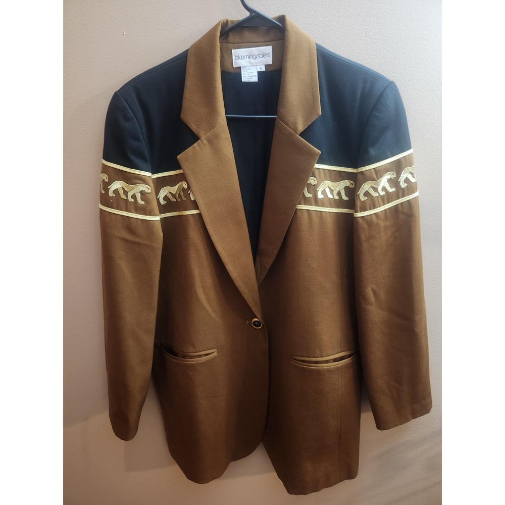 Vintage Bloomingdale's USA Colorblock Brown Gold Black Jaguar Wool Blazer Size 6